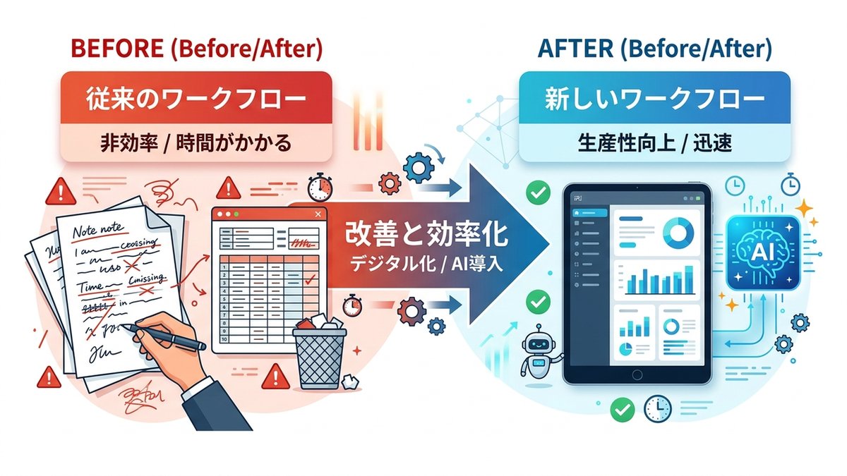 Before: 手書きメモとスプレッドシート → After: iPadとAIによる自動化
