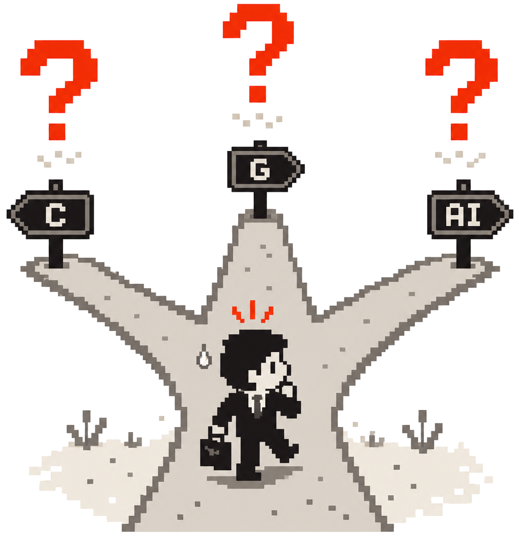 3つのAIツールが分岐する道で立ち止まる経営者のイラスト