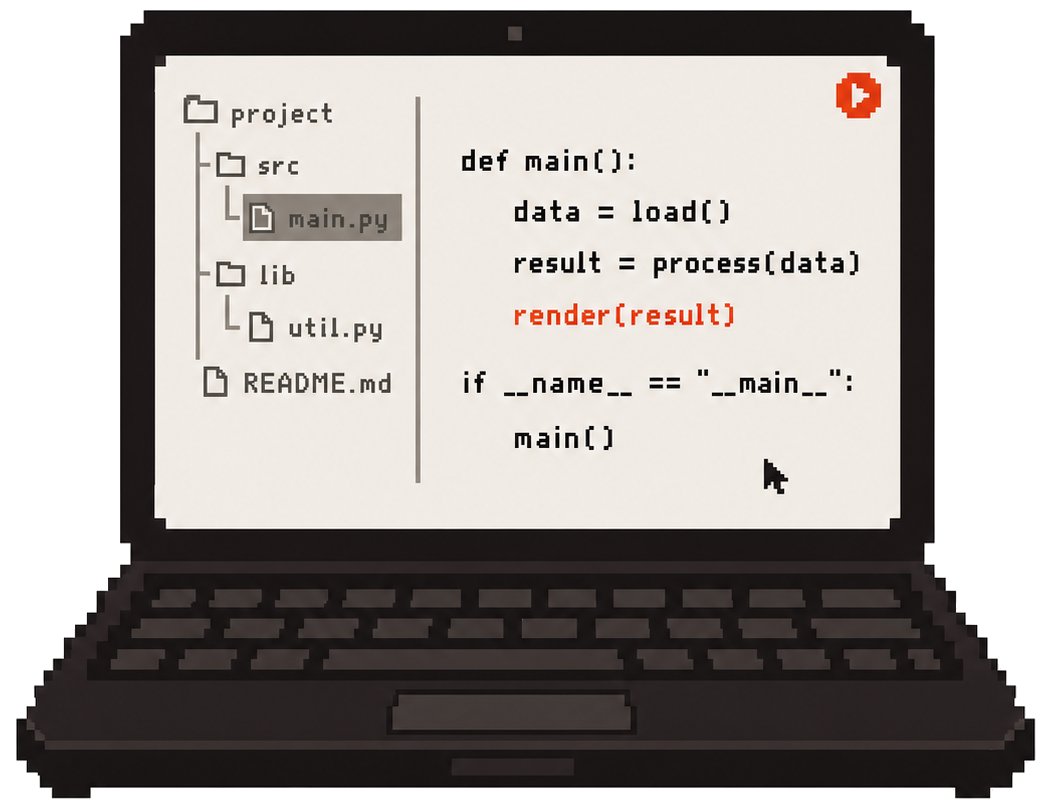 ノートPC画面にプロジェクトのファイルツリーとコードが表示されているイラスト