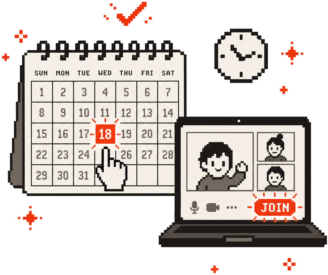 カレンダーの予約日 + Zoom画面の参加ボタン。予約への第一歩を示すイラスト