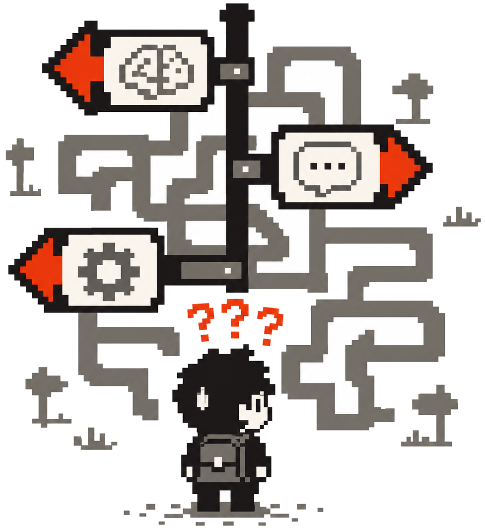 行先標識が分岐する迷路の前で困惑するキャラクター。AI活用の判断がつかない壁。