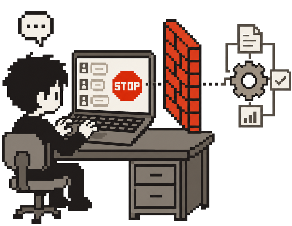 PC画面のSTOP標識と煉瓦の壁、向こう側の業務フロー。実装に落とし込めない壁。