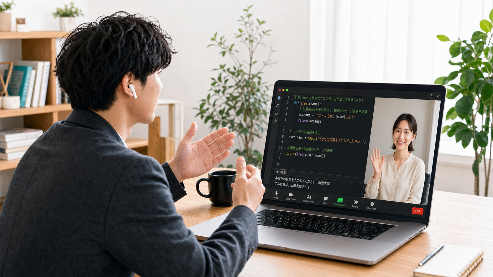 ノートPC越しのオンラインビデオセッション風景。画面共有でAIツールを実演しながら相談を進める。