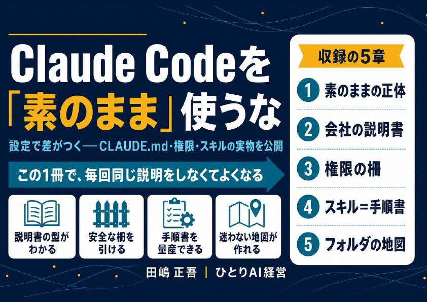 無料配布PDF: Claude Codeを「素のまま」使うな — 設定で差がつく。CLAUDE.md・権限・スキルの実物を公開